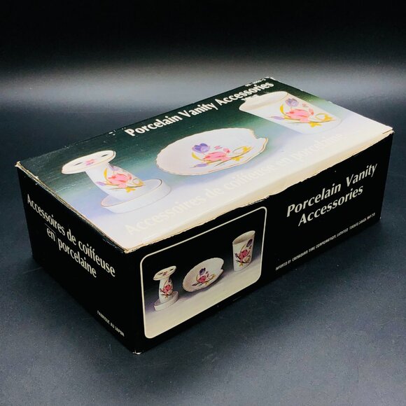 80s Floral Porcelain Vanity Accessory SET - toothbrush holder/soap dish/cup- NOS - Picture 9 of 11